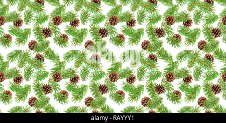 Fir tree branches seamless pattern, pine branch, Christmas conifer isolated on white background, New Year winter pattern Stock Photo