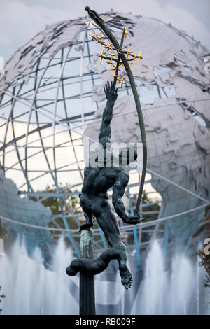 The Rocket Thrower bronze sculpture, Flushing Meadows Corona Park, Queens, New York US, Unisphere in the background Stock Photo