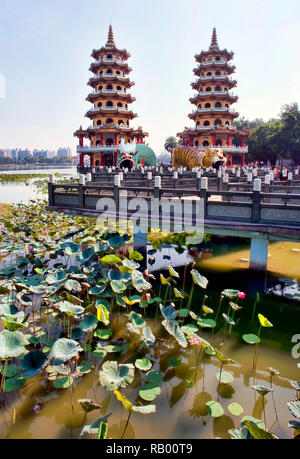 Kaohsiung, Taiwan - Dec.9,2018 - Dragon and Tiger Pagoda walkway in the Lotus Lake in Kaohsiung, Taiwan. Stock Photo