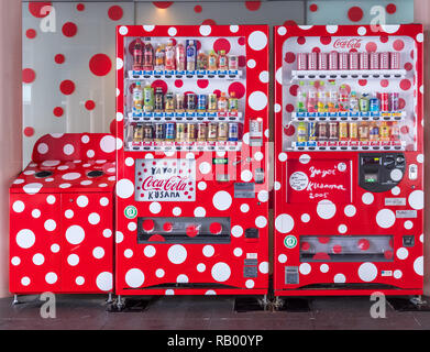 Themed Coca Cola vending machine featuring local born Artist, Yayoi Kusama, at city museum featuring her work in Matsumoto Stock Photo