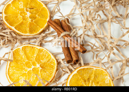 Top view, orange slice and cinnamon sticks Stock Photo