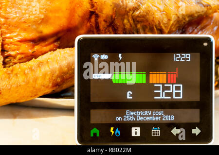 A Smart Meter shows electricity costs on Christmas Day with carved turkey in background. Stock Photo
