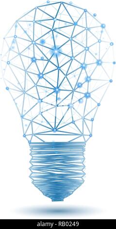 Abstract incandescent lamp. Low poly wireframe and points. Illustration of modern vector atomic bulb.  Idea with geometry triangle. Stock Vector