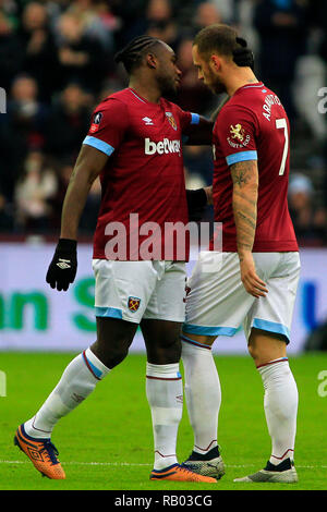 London, UK. 5th January, 2019. Michail Antonio of West Ham United (L) consoles Marko Arnautovic of West Ham United (7) after he gets subsituted after just 20 minutes. The Emirates FA Cup, 3rd round match, West Ham United v Birmingham City at the London Stadium, Queen Elizabeth Olympic Park in London on Saturday 5th January 2019.  this image may only be used for Editorial purposes. Editorial use only, license required for commercial use. No use in betting, games or a single club/league/player publications . pic by Steffan Bowen/Andrew Orchard sports photography/Alamy Live news Stock Photo