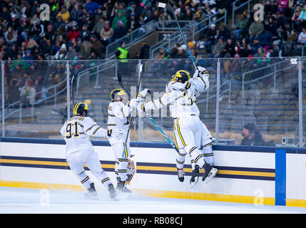 South Bend, Indiana, USA. 05th Jan, 2019. Michigan players celebrate goal during NCAA Hockey game action between the Michigan Wolverines and the Notre Dame Fighting Irish at Compton Family Ice Arena in South Bend, Indiana. John Mersits/CSM/Alamy Live News Stock Photo