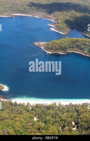 View of famous Lake McKenzie on Fraser Island from inside a plane / from above (Queensland, Australia) Stock Photo