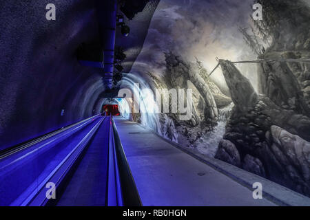 Jungfrau, Switzerland - Oct 20, 2018. Walking tunnel at the Ice Palace of Jungfraujoch Station (Switzerland). Stock Photo