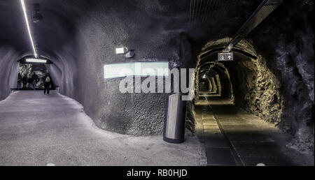 Jungfrau, Switzerland - Oct 20, 2018. Walking tunnel at the Ice Palace of Jungfraujoch Station (Switzerland). Stock Photo