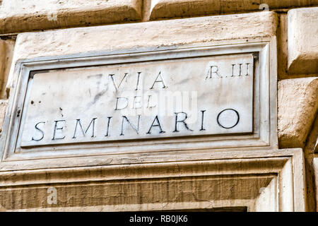 ROME, ITALY - JANUARY 4, 2019: light is enlightening  street name sign of  VIA DEL SEMINARIO Stock Photo