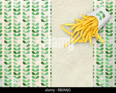 3d illustration rendering of french fries on green decorated tablecloth background Stock Photo