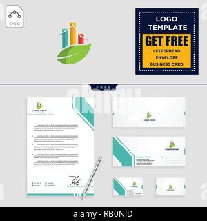 Business Chart with leaf logo template vector illustration and stationery branding pack Stock Vector