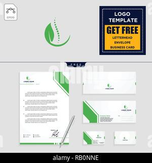 chiropractic leaf logo template vector illustration and stationery, letterhead, envelope, business card design Stock Vector