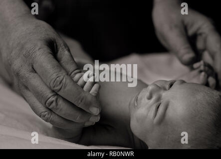 Grandfather holding hands with newborn child Stock Photo