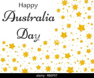 Happy Australia day, Gold stars australia and confetti. Festive vector illustration on white background. greeting card or banner ad Stock Vector