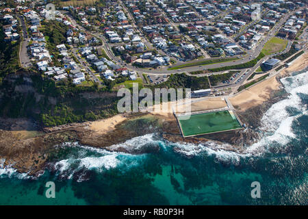 Aerial view of Merewether Baths. Merewether Baths is a prominent landmark in the beach side suburb of Merewether in Newcastle - New South Wales Austra Stock Photo