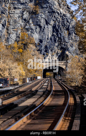 Harpers Ferry, WV, USA - November 3, 2018: The Harpers Ferry railroad tunnel in West Virginia on a bright autumn day. Stock Photo