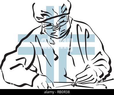 Silhouette illustration of surgeon in surgery with blue cross. Stock Vector