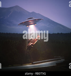 Unidentified flying object lifting a car from road. Concept of alien abduction. Clipping path included. Stock Photo