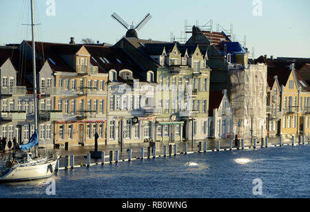 Sonderborg, Denmark - January 2, 2019: Storm surge with high water levels along the harbor face of the town. Stock Photo