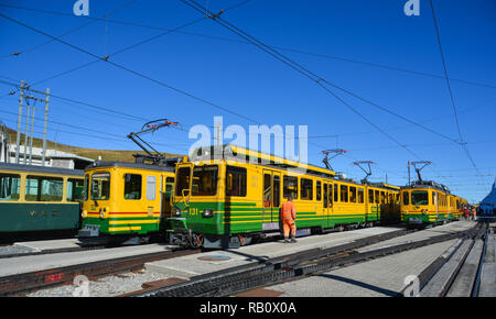 Grindelwald, Switzerland - Oct 20, 2018. Yellow and green Bernese Oberland Railway train stopping at Grindelwald train station platform. Stock Photo