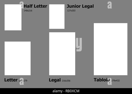 Example dimensions of U.S. paper sizes. Stock Photo