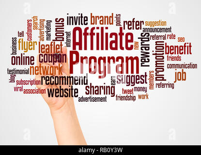 Affiliate Program word cloud and hand with marker concept on white background. Stock Photo