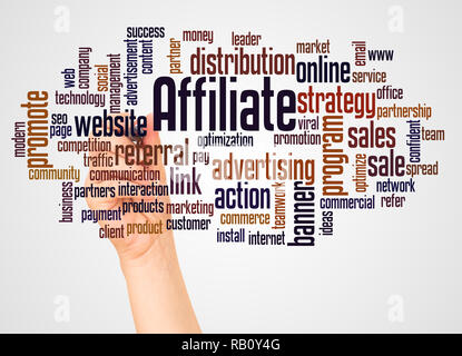 Affiliate word cloud and hand with marker concept on white background. Stock Photo