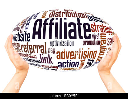 Affiliate word cloud hand sphere concept on white background. Stock Photo