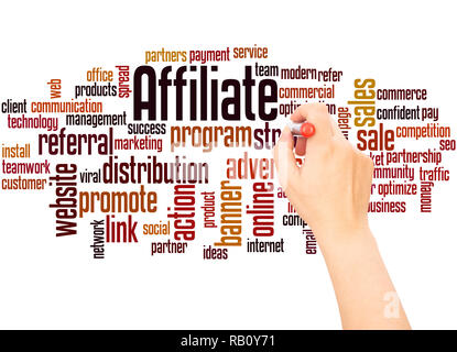 Affiliate word cloud hand writing concept on white background. Stock Photo