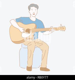 Guitarist Man playing guitar sitting on plastic container. Music concept, flat style graphic design - vector illustration. Stock Vector