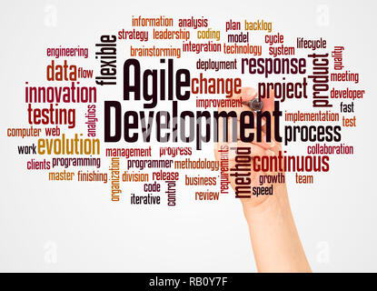 Agile Development word cloud and hand with marker concept on white background. Stock Photo