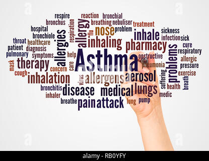 Asthma word cloud and hand with marker concept on white background. Stock Photo