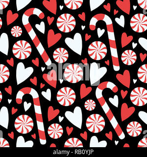 Cartoon style black candy cane and peppermint twist with hearts seamless seasonal Christmas graphic illustration pattern Stock Photo