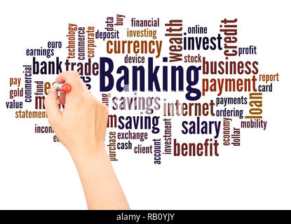 Banking word cloud hand writing concept on white background. Stock Photo