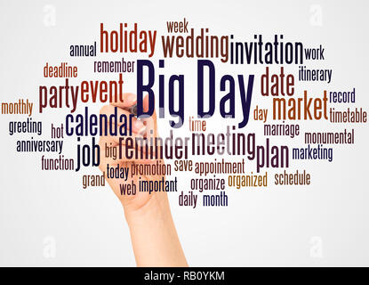 Big Day word cloud and hand with marker concept on white background. Stock Photo