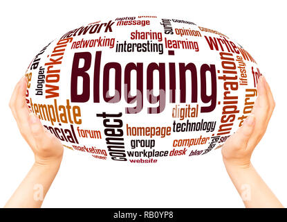 Blogging word cloud hand sphere concept on white background. Stock Photo