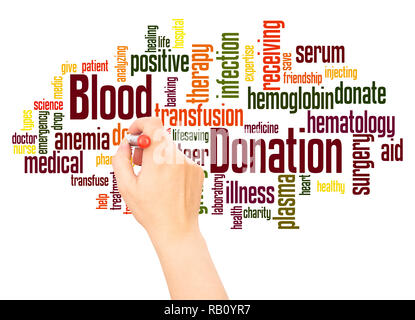 Blood donation word cloud hand writing concept on white background. Stock Photo