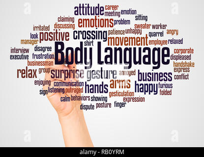 Body Language word cloud and hand with marker concept on white background. Stock Photo