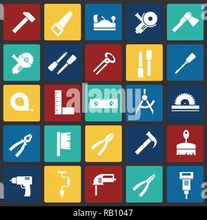 Tools icons set on color squares background for graphic and web design, Modern simple vector sign. Internet concept. Trendy symbol for website design web button or mobile app. Stock Vector