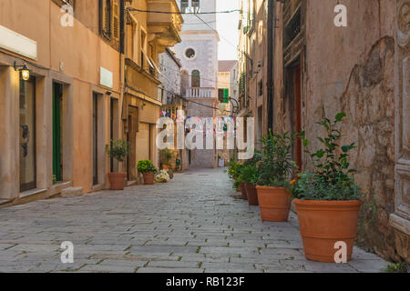 medieval cobblestone old cozy street in Split, Dalmatia, Croatia Stock Photo