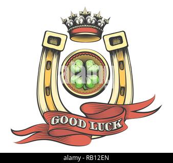 Golden Horse Shoe with Crown and Lucky Coin. Gambling Emblem in tattoo style. Vector illustration. Stock Vector