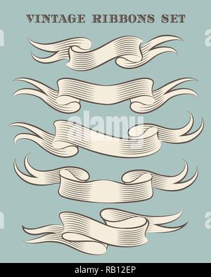 Set of Hand Made Vintage Ribbons drawn in engraving style. Vector illustration. Stock Vector