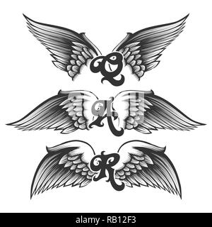 Set of engraving wings with letter samples. Vector illustration. Stock Vector