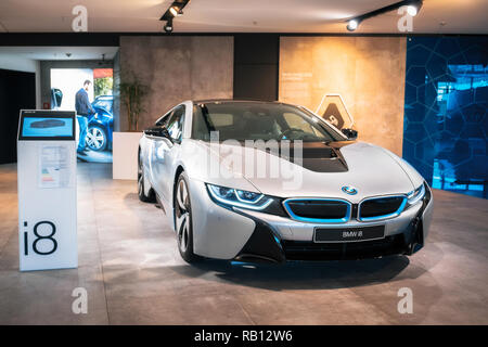 Munich, Germany - December 7, 2017: Front view of BMW i8 electric sports car in BMW Welt World Stock Photo