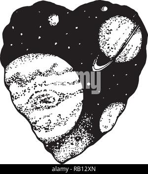 Illustration of a heart with space inside, saturn and planet. Tattoo idea Stock Vector
