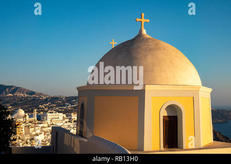 Panoramic view of seashore with old greek church in Santorini island, Greece Stock Photo