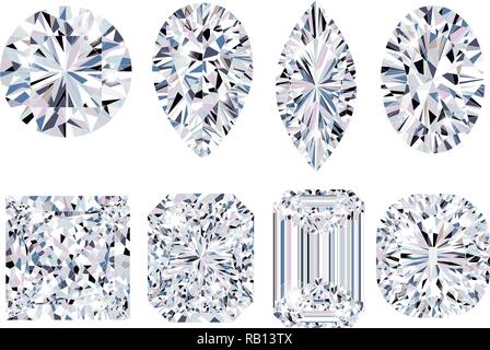 Set of sparkling water clear diamonds of various cut shape. Top view Stock Vector