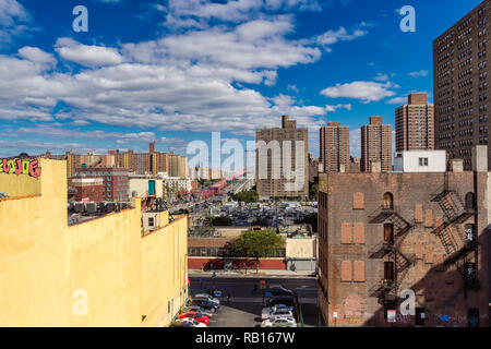 Lower East Side and Manhattan bridge view from the rooftop, New York. Stock Photo