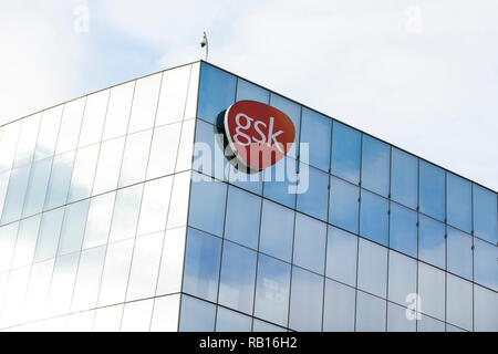 A logo sign outside of a facility occupied by GlaxoSmithKline (GSK) in Philadelphia, Pennsylvania, on December 23, 2018. Stock Photo