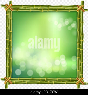 Creative   illustration of green bamboo sticks border frame, blur bokeh background and blurry white circles inside isolated. Abstract concept tropical Stock Photo